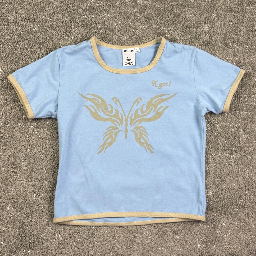 X-girl Japan Butterfly Ringer T Shirt Blue Cream Y2K Streetwear Women's L